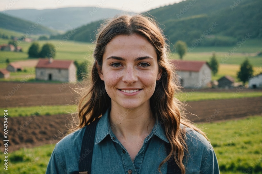 Close portrait of a smiling young Georgian female farmer standing and looking at the camera, outdoors Georgian rural blurred background Close portrait of a smiling young Georgian female farmer standing and looking at the camera, outdoors Georgian rural blurred background