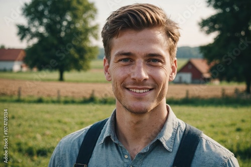 Close portrait of a smiling young German male farmer standing and looking at the camera, outdoors German rural blurred background