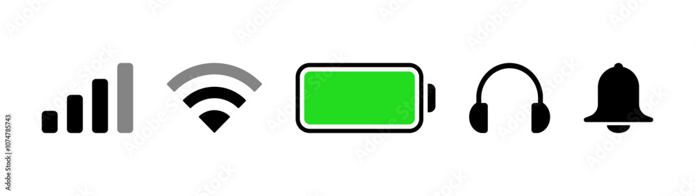 Notification bar battery wifi network music sound essential icon set vector Notification bar battery wifi network music sound essential icon set vector