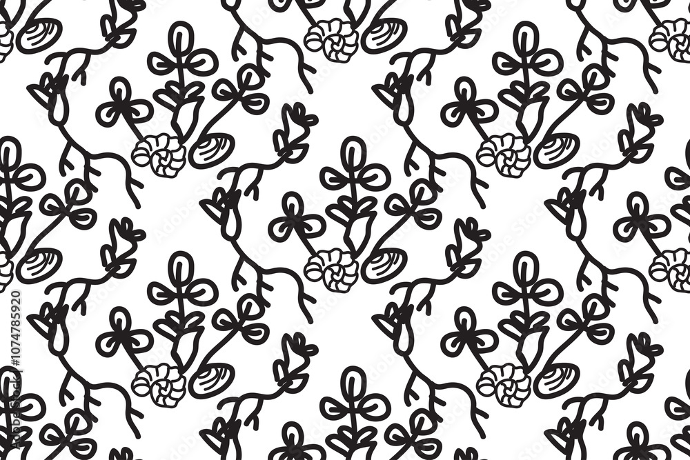 Abstract floral botanical seamless pattern vector illustration. Outline black trendy artistic plants on white background. Graphic design for fashion textile cover wrapping pack wedding invitation card Abstract floral botanical seamless pattern vector illustration. Outline black trendy artistic plants on white background. Graphic design for fashion textile cover wrapping pack wedding invitation card