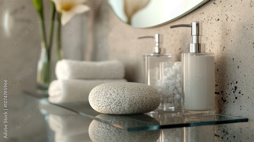 Bathroom Shelf with Towels, Soap Dispensers, and Stone Bathroom Shelf with Towels, Soap Dispensers, and Stone