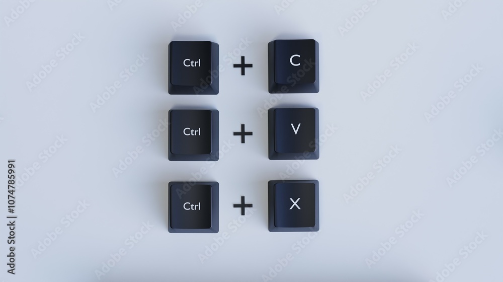 Creative 3D Illustration of Keyboard Shortcuts_ Ctrl + C, Ctrl + V, and Ctrl + X on White Background for Copy, Paste, and Cu Creative 3D Illustration of Keyboard Shortcuts_ Ctrl + C, Ctrl + V, and Ctrl + X on White Background for Copy, Paste, and Cu