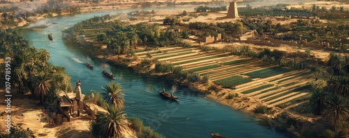 Overhead View of Ancient Egyptian Canals and Farmland with Riverboats Along the Nile River, Depicting Historical Irrigation and Agriculture in a Desert Oasis Landscape