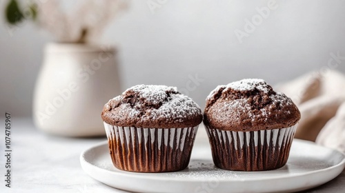 Two chocolate muffins with powdered sugar on a white plate with a light background