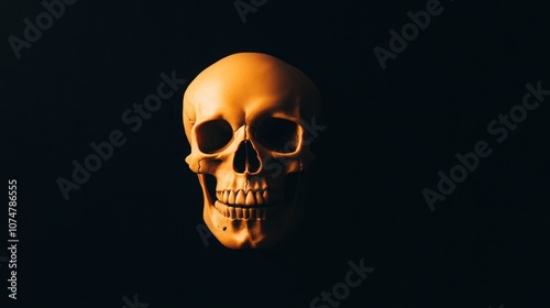 A vivid close-up of an orange skull against a deep black background highlights intricate anatomical details. striking image suits themes like education, art, and Halloween.