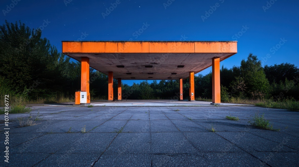 An abandoned gas station at dusk features an orange canopy on cracked concrete, overgrown with weeds. Lush greenery surrounds the site, contrasting with the serene twilight sky. An abandoned gas station at dusk features an orange canopy on cracked concrete, overgrown with weeds. Lush greenery surrounds the site, contrasting with the serene twilight sky.