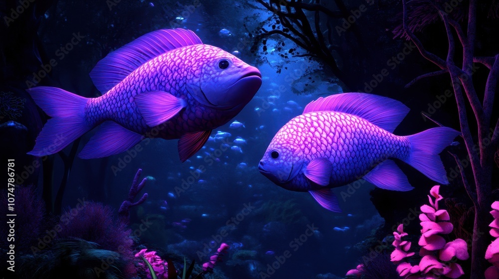 Immerse yourself in a serene underwater world with two vibrant purple fish gliding among soft coral, illuminated by ethereal blue light, embodying marine beauty and tranquility. Immerse yourself in a serene underwater world with two vibrant purple fish gliding among soft coral, illuminated by ethereal blue light, embodying marine beauty and tranquility.