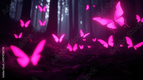 Immerse in a magical forest scene filled with glowing pink butterflies against a misty backdrop of tall trees. enchanting imagery evokes tranquility and wonder, ideal for nature and fantasy projects.