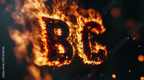 Dynamic stock footage showcasing the letters BC engulfed in flames against a dark background. striking imagery conveys themes of transformation and power, perfect for branding and dramatic projects. photo