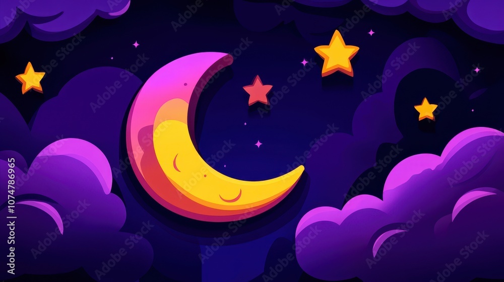 A Dreamy Illustration of the Moon and Stars Shining Brightly Among Dark Clouds in a Magical Night Sky Setting for a Whimsical Atmosphere A Dreamy Illustration of the Moon and Stars Shining Brightly Among Dark Clouds in a Magical Night Sky Setting for a Whimsical Atmosphere