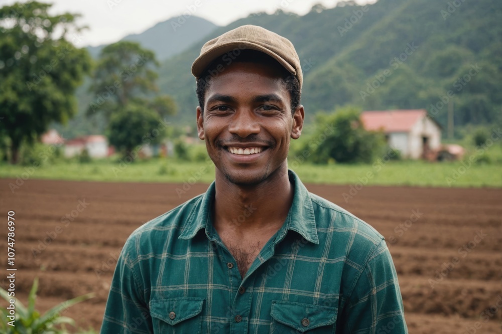 Close portrait of a smiling young Guyanese male farmer standing and looking at the camera, outdoors Guyanese rural blurred background Close portrait of a smiling young Guyanese male farmer standing and looking at the camera, outdoors Guyanese rural blurred background