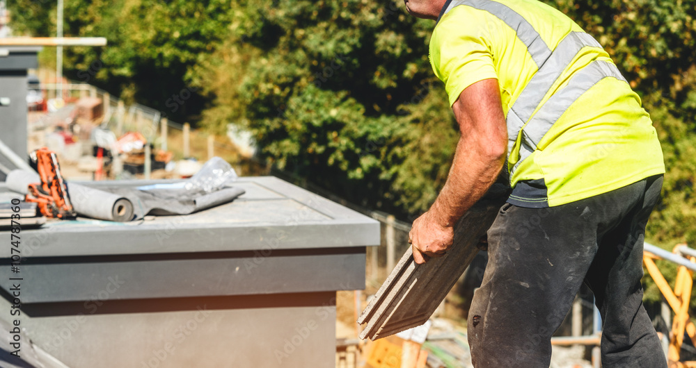 Construction worker laying tiles on a rooftop in a sunny environment, focused on completing the project efficiently Construction worker laying tiles on a rooftop in a sunny environment, focused on completing the project efficiently