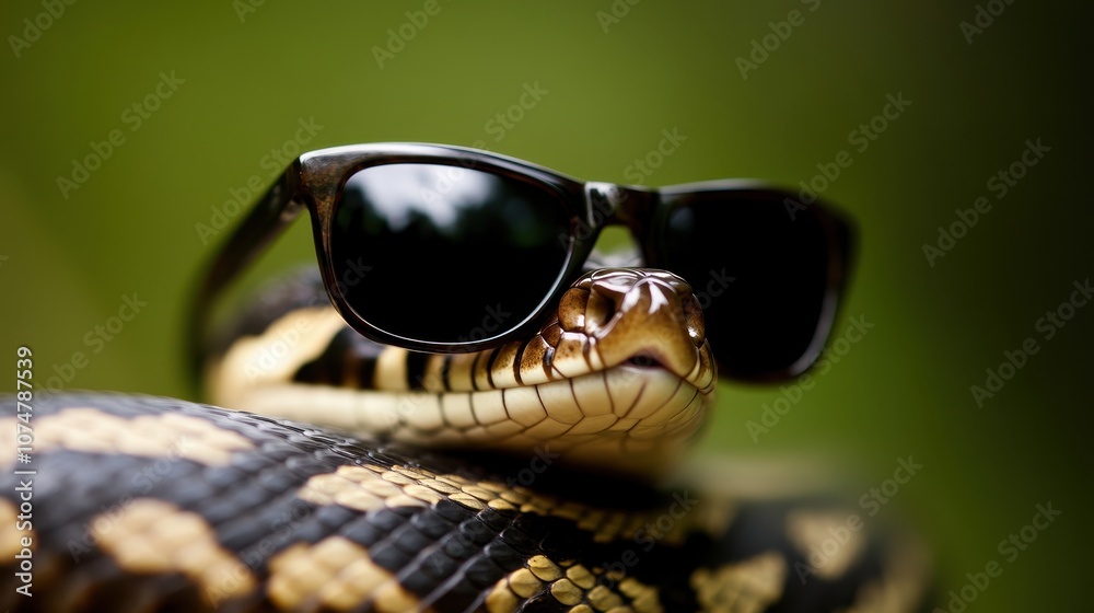 A close-up of a snake in stylish black sunglasses highlights its glossy scales against a softly blurred, vibrant green background, adding a fun twist to wildlife photography. A close-up of a snake in stylish black sunglasses highlights its glossy scales against a softly blurred, vibrant green background, adding a fun twist to wildlife photography.