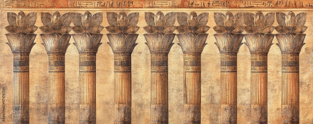 Decorative Pattern of Ancient Egyptian Columns Adorned with Papyrus and Lotus Capitals in a Rustic Stone Texture Decorative Pattern of Ancient Egyptian Columns Adorned with Papyrus and Lotus Capitals in a Rustic Stone Texture