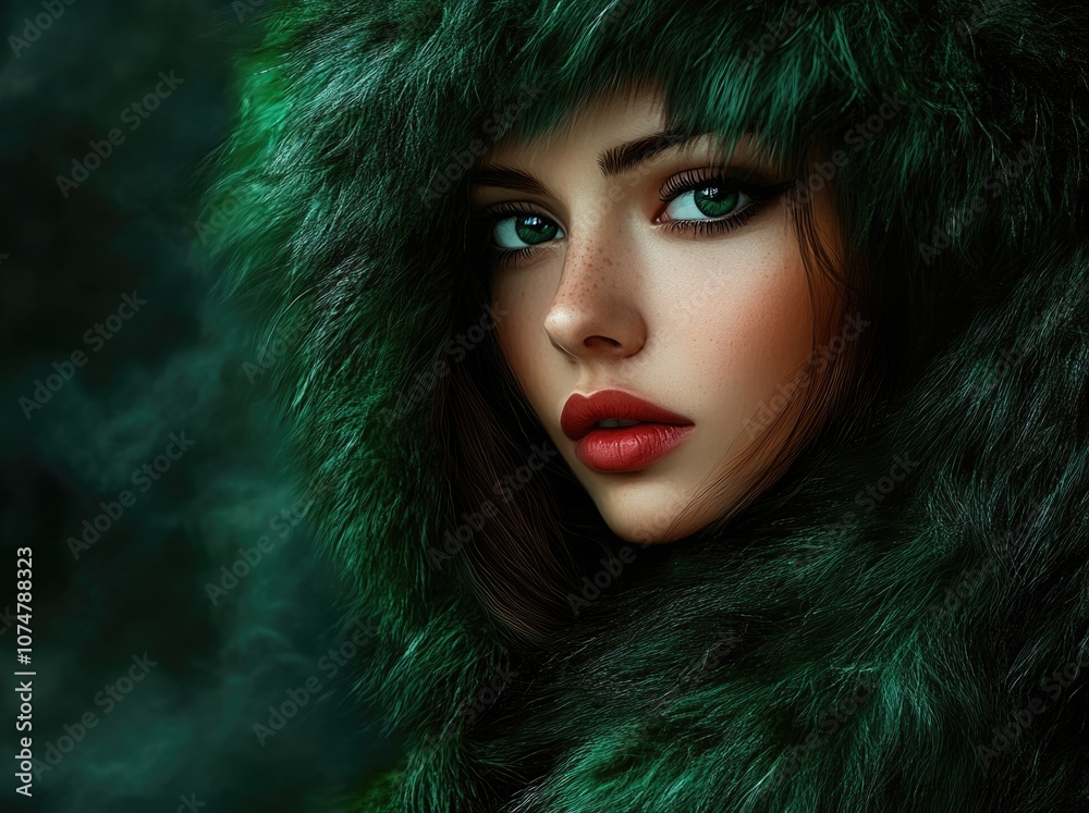 Fashion portrait of a beautiful woman wearing a green fur coat with a hood. Fashion portrait of a beautiful woman wearing a green fur coat with a hood.