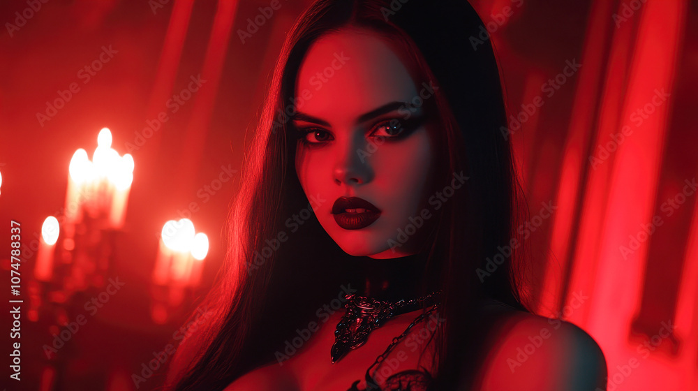 A portrait of a gothic woman stands out against a dramatic red background. With flowing dark hair, bold makeup, and an intricate black choker, she embodies mystery and elegance. A portrait of a gothic woman stands out against a dramatic red background. With flowing dark hair, bold makeup, and an intricate black choker, she embodies mystery and elegance.