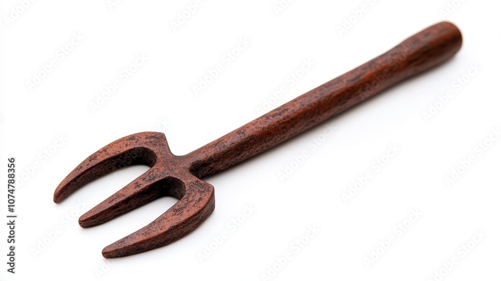 A rustic, handcrafted wooden fork with three prongs and a sturdy handle on isolated white background, featuring a warm hue and textured surface, ideal for eco-friendly and agricultural themes. A rustic, handcrafted wooden fork with three prongs and a sturdy handle on isolated white background, featuring a warm hue and textured surface, ideal for eco-friendly and agricultural themes.
