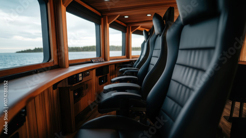 a refined boat interior with sleek black ergonomic chairs by a panoramic window. Warm wood and inviting lighting enhance the serene backdrop of calm waters and greenery. photo