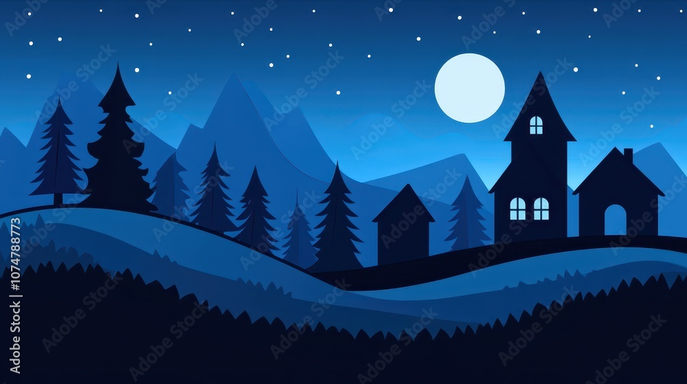 Naklejka premium A tranquil digital illustration showcases a serene mountainous landscape at night, featuring dark green coniferous trees, a glowing crescent moon, and a simple house, evoking calm and wonder.