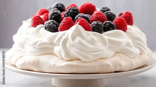 A stunning pavlova dessert features a crisp meringue base topped with whipped cream and an array of fresh berries, creating a visually appealing and indulgent treat. photo