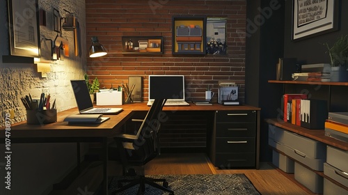 Workspace setups at home with laptops, office supplies, and decorative elements. 