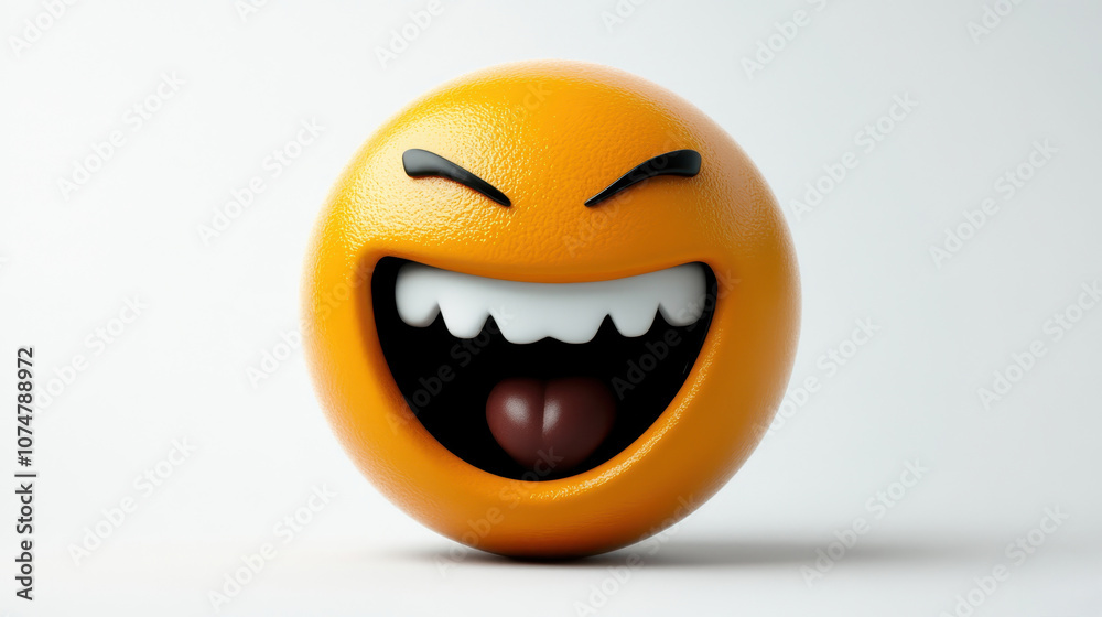 A vibrant cartoon-style orange character with a joyful expression, wide grin, and playful tongue.