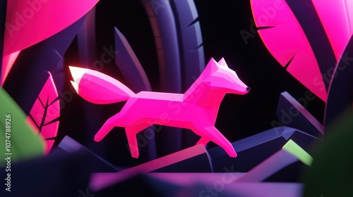 A vibrant 3D illustration showcases a pink geometric fox leaping through a lush, colorful forest with angular shapes and bright hues, evoking fantasy and adventure. Perfect for creative projects. photo