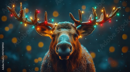 Marry Xmas. Moose with Christmas lights in antlers, Happy New Year
