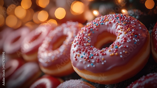 Pink donuts close up. Sweet abstract background. Marry Christmas and Happy New Year