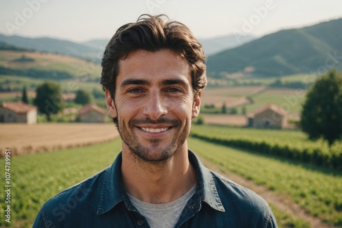 Close portrait of a smiling young Italian male farmer standing and looking at the camera, outdoors Italian rural blurred background