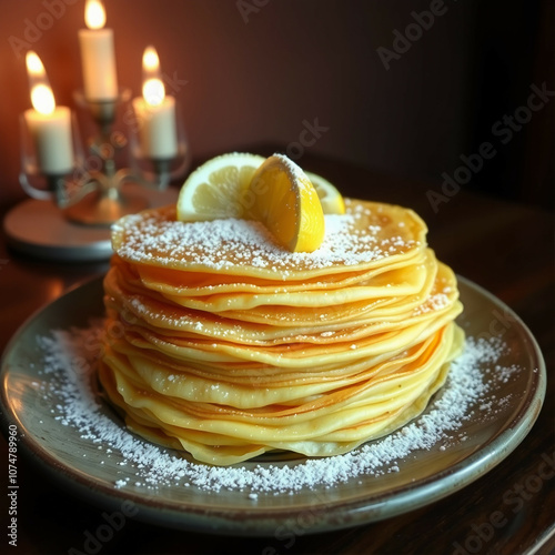 Une pile de crêpes françaises fines et dorées sur une assiette rustique photo