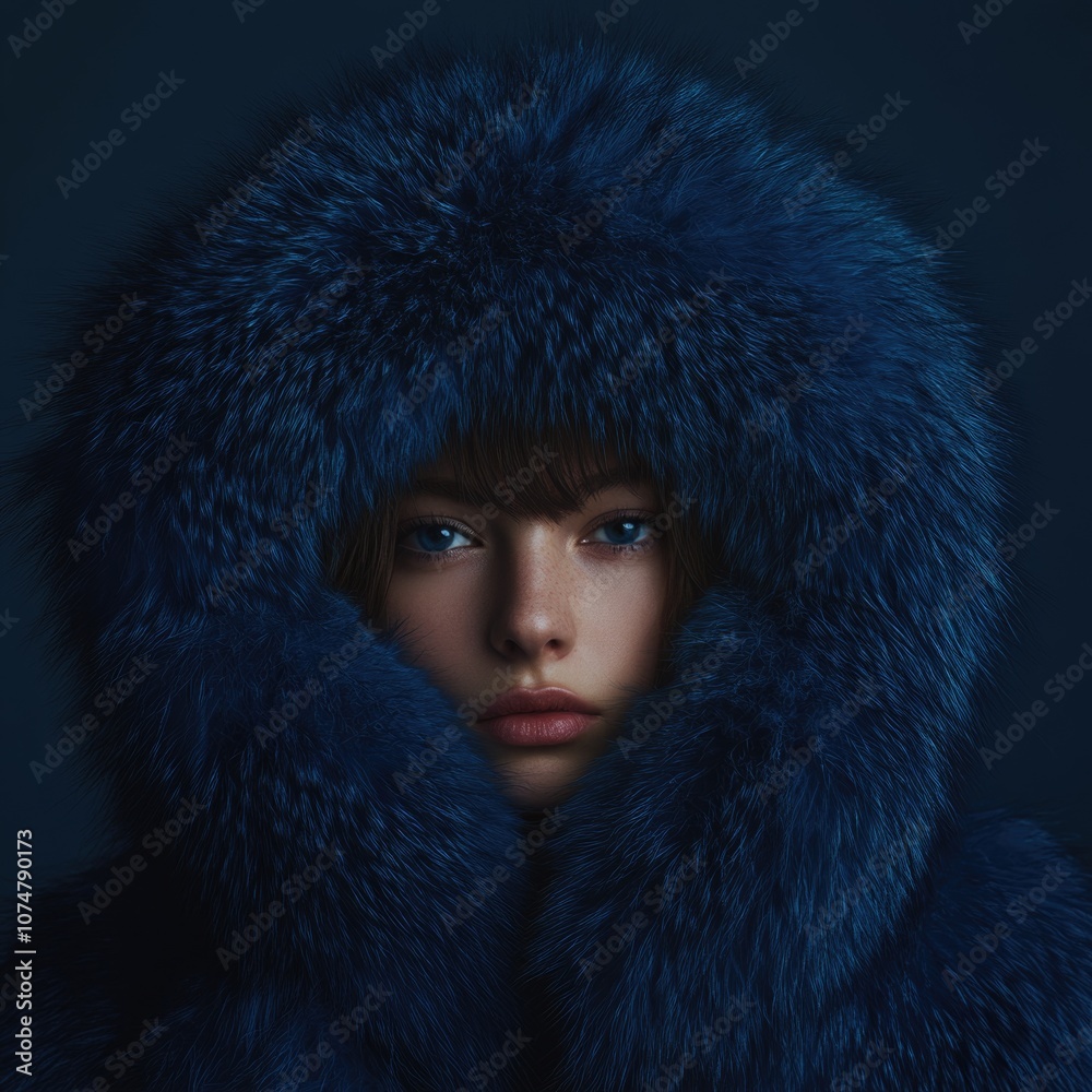 A fashion portrait of a young woman wearing a blue fur coat, isolated against a dark background. A fashion portrait of a young woman wearing a blue fur coat, isolated against a dark background.