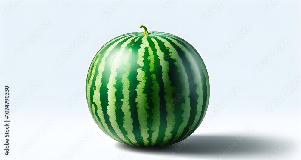 Realistic rendering of a whole watermelon on a clean white background. The watermelon has a bright green rind and darker stripes, dramatic skin textures that are highlighted by a soft, subtle light Realistic rendering of a whole watermelon on a clean white background. The watermelon has a bright green rind and darker stripes, dramatic skin textures that are highlighted by a soft, subtle light