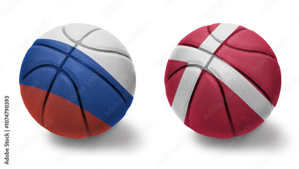 basketball balls with the national flags of denmark and russia on the white background. basketball balls with the national flags of denmark and russia on the white background.
