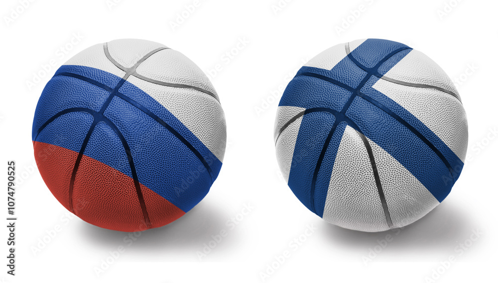basketball balls with the national flags of finland and russia on the white background. basketball balls with the national flags of finland and russia on the white background.
