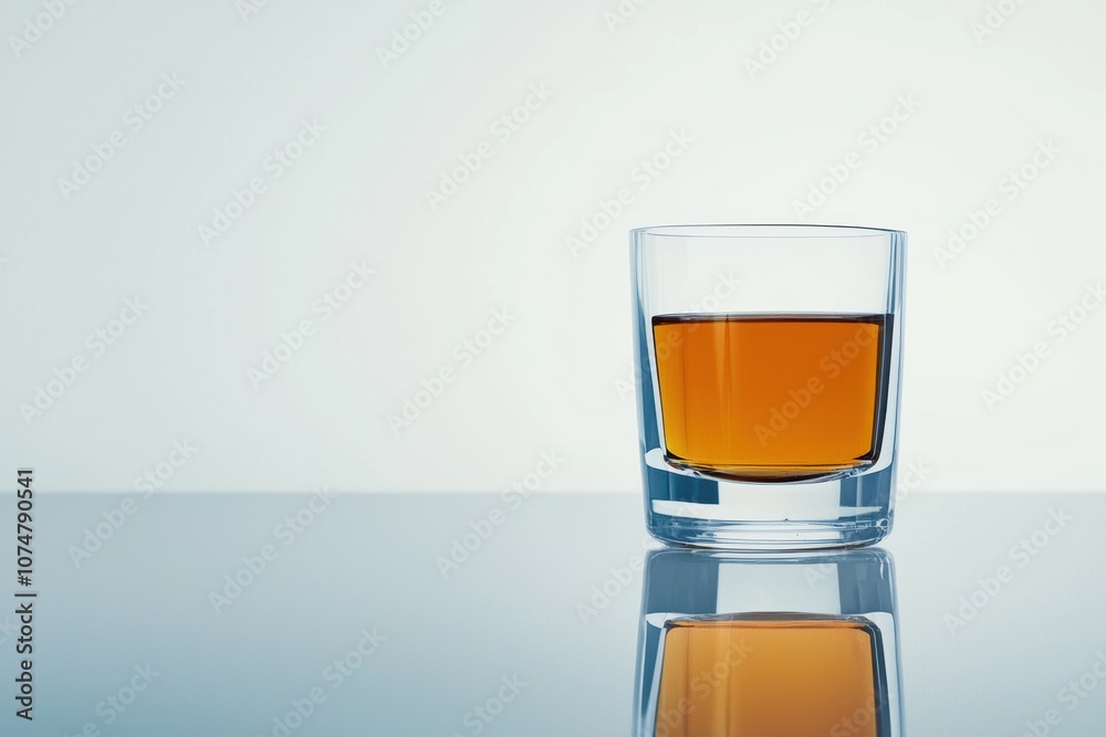 A glass of amber liquid sits on a reflective surface, creating a serene and minimalist vibe, perfect for a drink or cocktail setting. A glass of amber liquid sits on a reflective surface, creating a serene and minimalist vibe, perfect for a drink or cocktail setting.