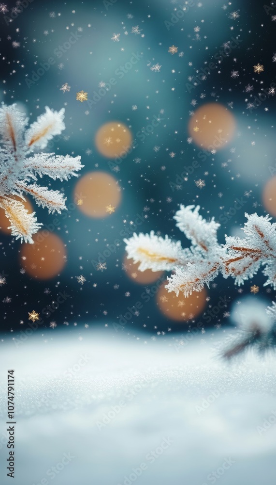 Snow Covered Tree Branch With Falling Snow and Bokeh Lights, Creating a Magical Winter Wonderland. Snow Covered Tree Branch With Falling Snow and Bokeh Lights, Creating a Magical Winter Wonderland.