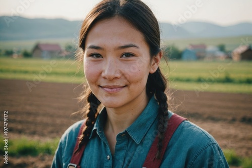 Close portrait of a smiling young Kazakh female farmer standing and looking at the camera, outdoors Kazakh rural blurred background