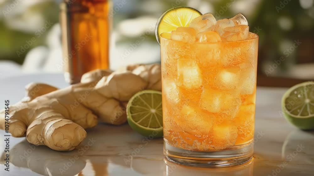 Ginger Lime Cocktail with Fresh Ingredients on Marble Table, Warm Tones for Refreshing Beverage Advertising