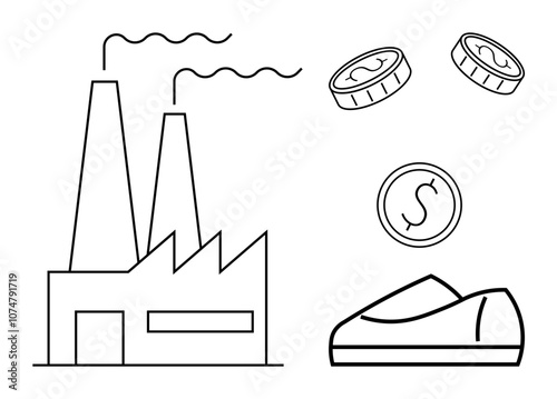 Factory emitting smoke, two coins, shoebox, and dollar sign coin. Ideal for industry, manufacturing, economics, production cost, business profit, commerce, financial analysis. Line metaphor