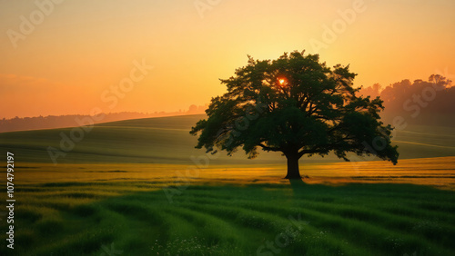 A beautiful landscape captures a solitary tree at sunset, with warm light illuminating the field, embodying tranquility and nature for the nature industry.