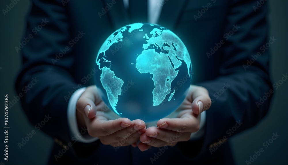 A glowing, transparent globe with a detailed map of Earth is held in a hand dressed in formal attire. The globe's vibrant blue and green hues highlight the continents, countries, and oceans A glowing, transparent globe with a detailed map of Earth is held in a hand dressed in formal attire. The globe's vibrant blue and green hues highlight the continents, countries, and oceans