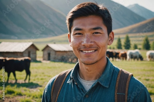 Close portrait of a smiling young Kyrgyz male farmer standing and looking at the camera, outdoors Kyrgyz rural blurred background photo