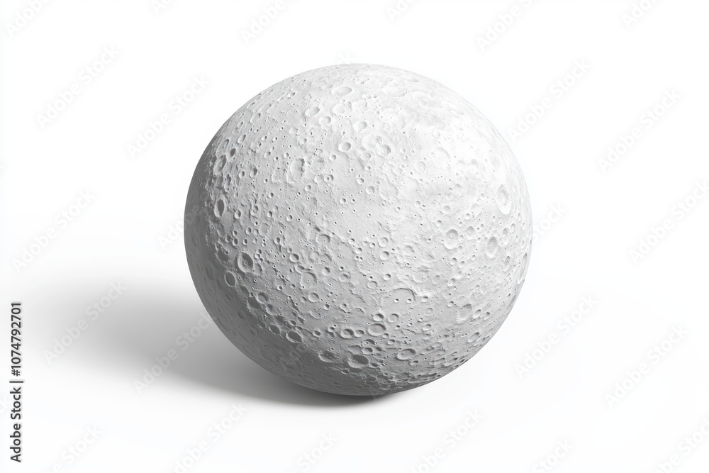 A textured, spherical object resembling a moon, with a light gray surface featuring craters and a subtle shadow, set against a plain white background. A textured, spherical object resembling a moon, with a light gray surface featuring craters and a subtle shadow, set against a plain white background.