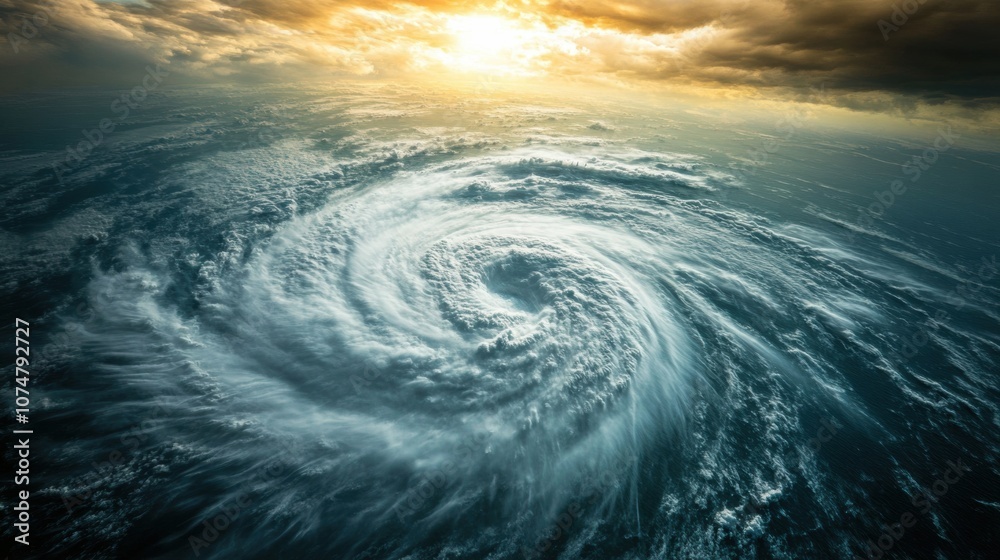 A massive hurricane is forming in the open ocean, showcasing swirling clouds and turbulent waves beneath a dramatic sky at sunset. Generative AI A massive hurricane is forming in the open ocean, showcasing swirling clouds and turbulent waves beneath a dramatic sky at sunset. Generative AI
