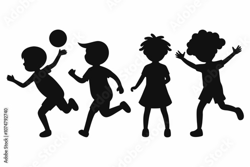 children playing silhouette vector black. different type girls and boy play vector on white background