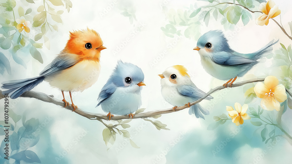 Obraz premium Charming group of colorful birds perched on a delicate branch