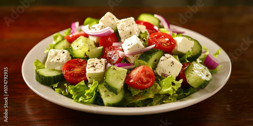 A salad with tomatoes, cucumbers, and feta cheese on a white plate