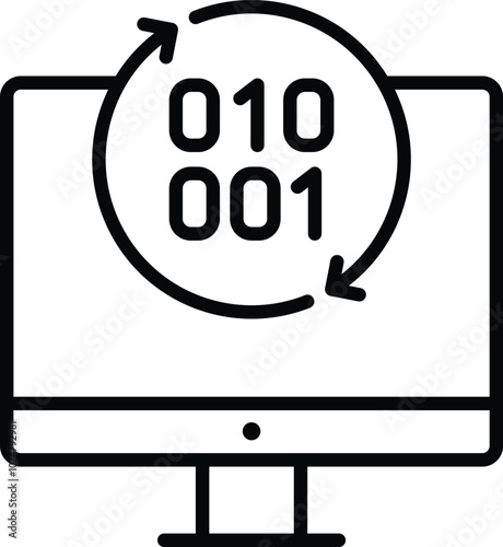 Local Data Processing Icon – Computer with Circular Data Flow Arrows. Black Vector outline style