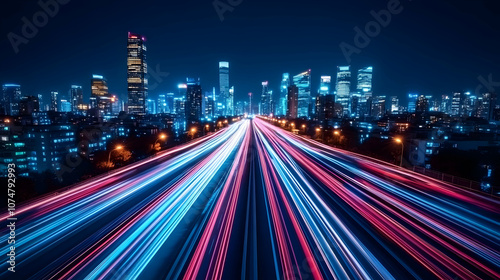 Cityscape at Night with Light Trails on Highway - Illustration